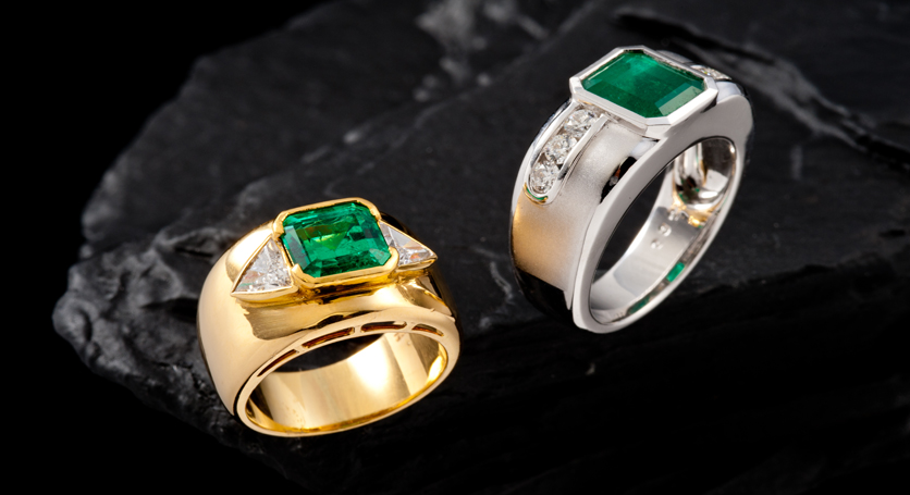 18K Yellow Gold with Emerald and Diamond Ring + 18K White Gold with Emerald and Diamond Ring