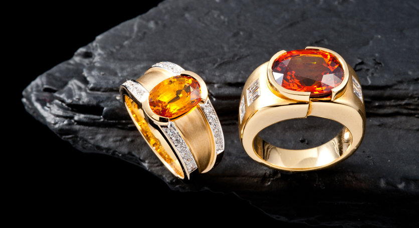 18K Yellow Gold with Yellow Sapphire and Diamond Ring + 18K Yellow Gold with Orange Sapphire and Diamond Ring