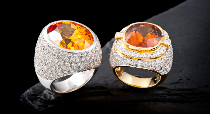 18K White Gold with Yellow Sapphire and Diamond Ring + 18K Yellow Gold with Orange Sapphire and Diamond Ring