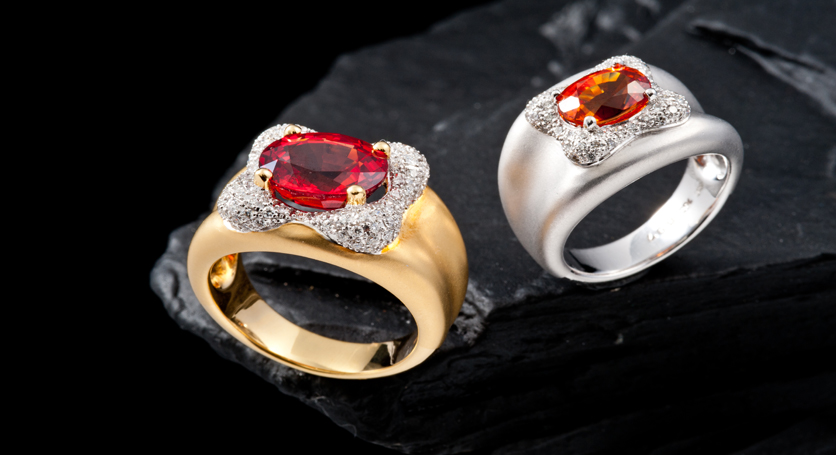 18K Yellow Gold with Ruby and Diamond Ring + 18K White Gold with Yellow Sapphire and Diamond Ring