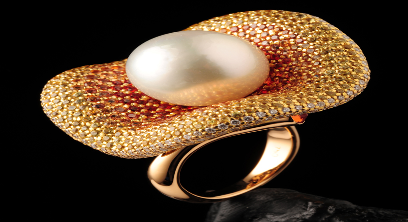 18K Yellow Gold with Southsea Pearl, Fancy Sapphire and Diamond Ring