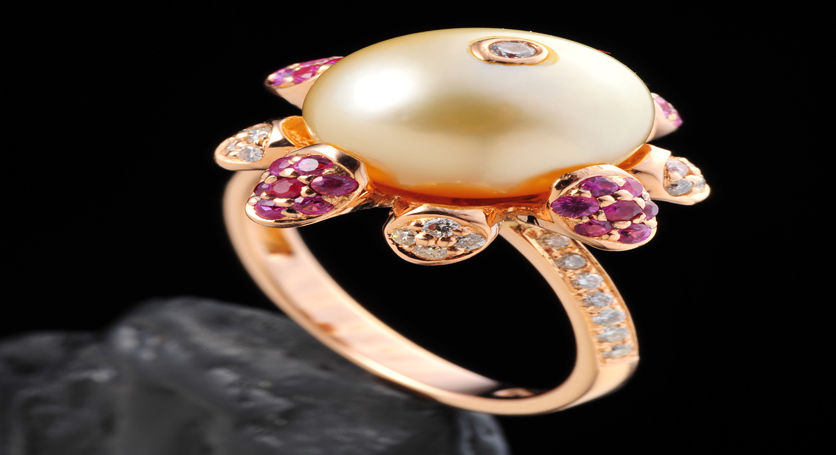 18K Yellow Gold with Southsea Pearl, Pink Sapphire and Diamond Ring