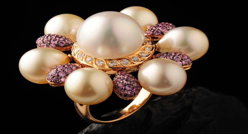 18K Yellow Gold with Southsea Pearls, Pink Sapphire and Diamond Ring