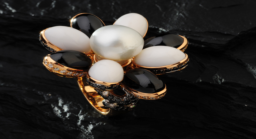 18K Yellow Gold with Southsea Pearl, Chalcedony, Black Spinel and Diamond Ring