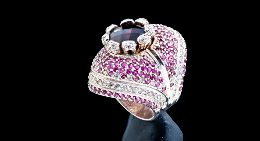 Silver with Rhodolite Garnet and Zirconia Ring