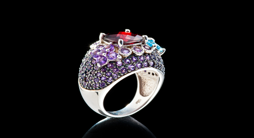 Silver with Garnet and Multicolor Stones Ring