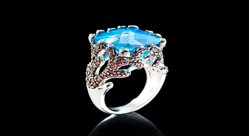 Silver with Blue Topaz and Garnet Ring