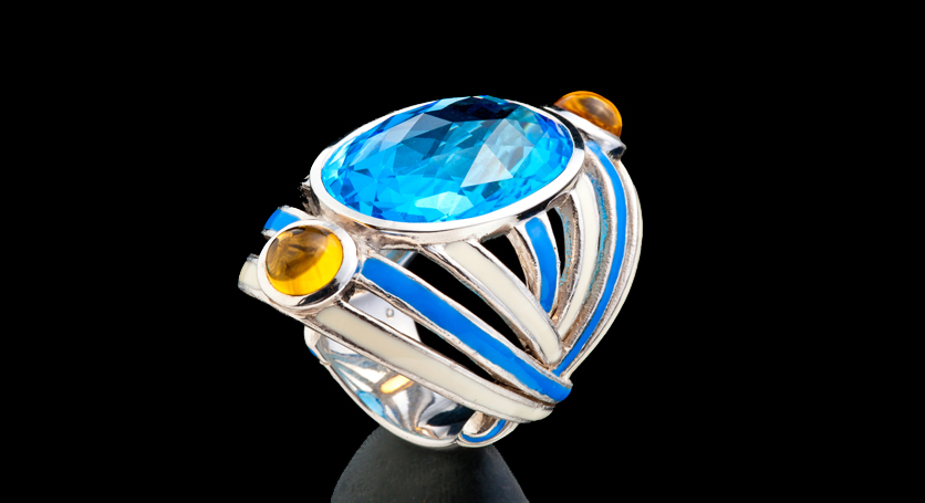 Silver with Blue Topaz and Citrine Ring