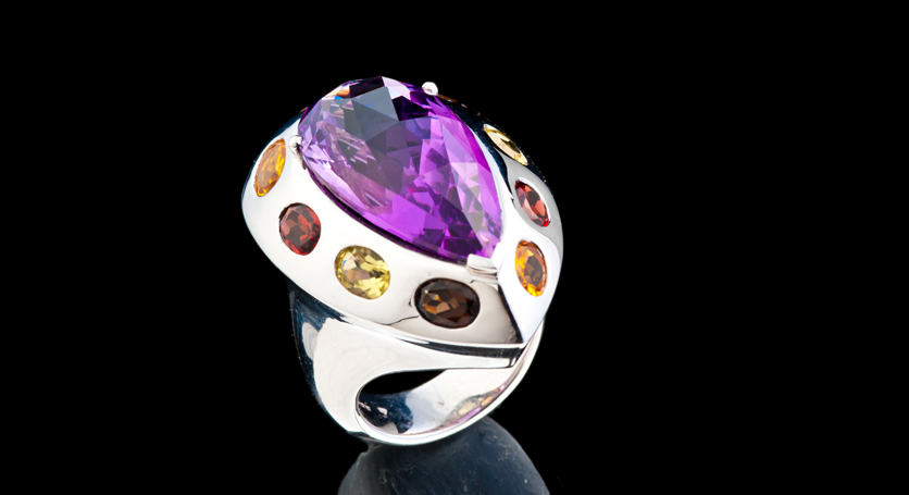 Silver with Amethyst and Multicolor Stones Ring