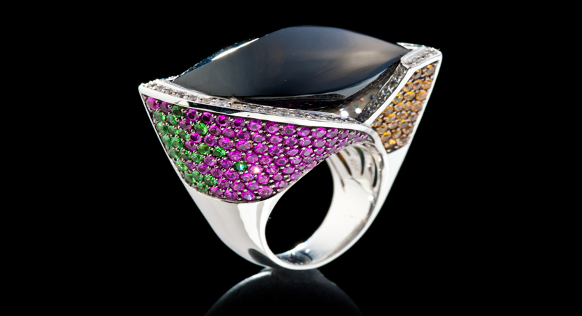 Silver with Onyx and Multicolor Stones Ring