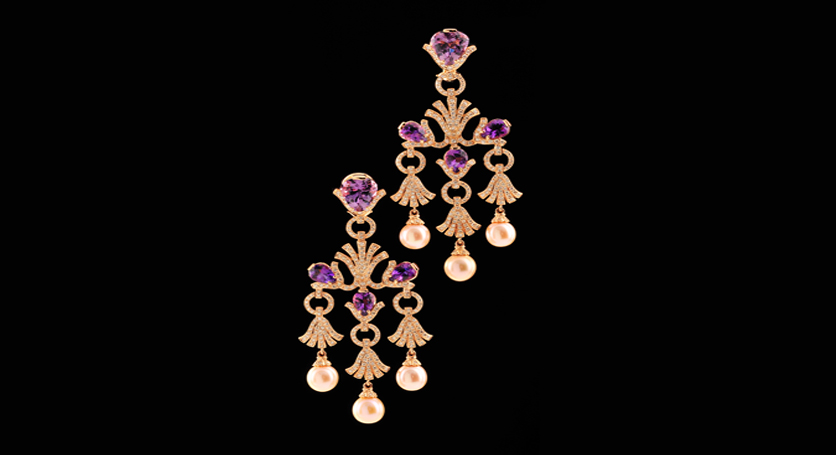 18K Pink Gold with Akoya Pearl, Amethyst and Diamond Earring