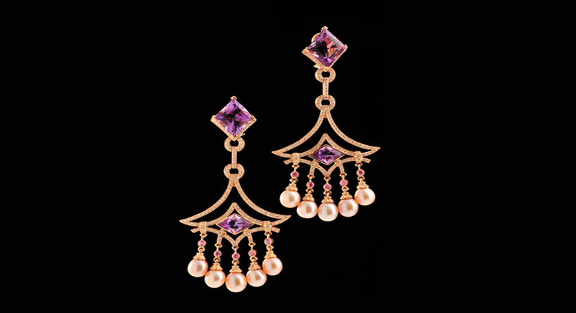 18K Pink Gold with Akoya Pearl, Amethyst and Diamond Earring