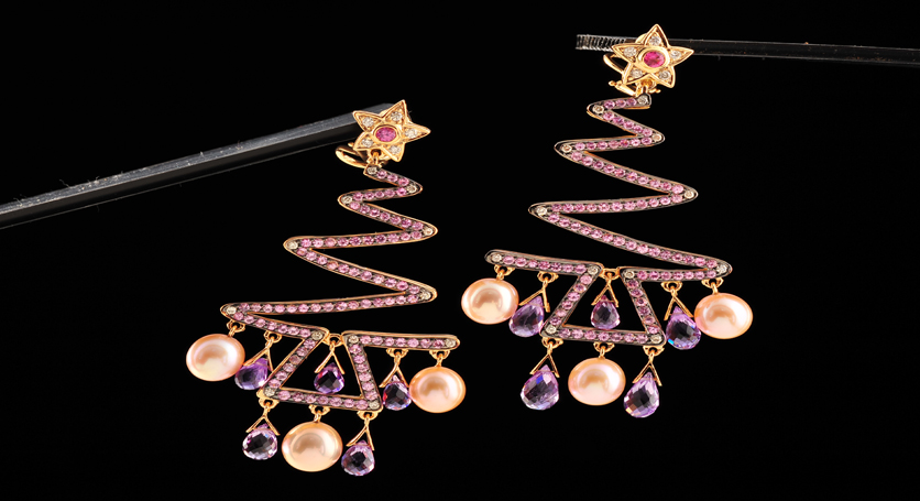 18K Pink Gold with Akoya Pearl, Amethyst and Diamond Earring