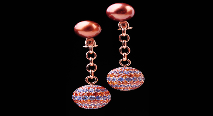 18K Pink Gold with Southsea Pearl and Multicolor Stones Earring