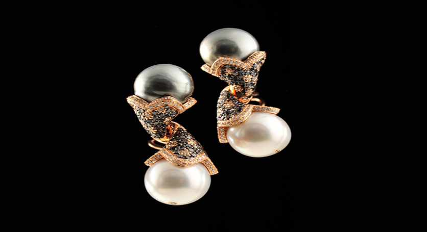 18K Yellow Gold with Southsea Pearl, Black and White Diamond Earring