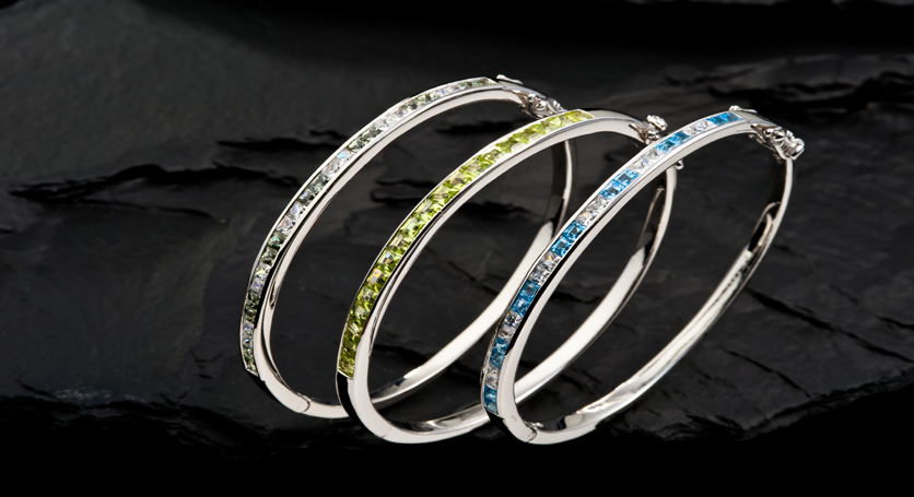 Silver with Green Sapphire and Zirconia Bangle + Silver with Peridot Bangle + Silver with Blue Topaz and Zirconia Bangle