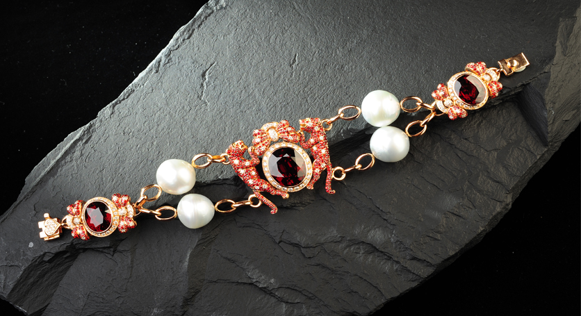 Pink Gold with Southsea Pearl, Orange Sapphire, Red Sapphire, Spessartite Garnet and Diamond Bracelet