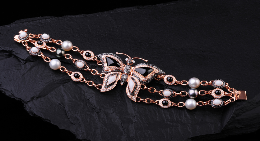 Pink Gold with Southsea Pearl, Chalcedony, Black Spinel, Black and White Diamond Bracelet