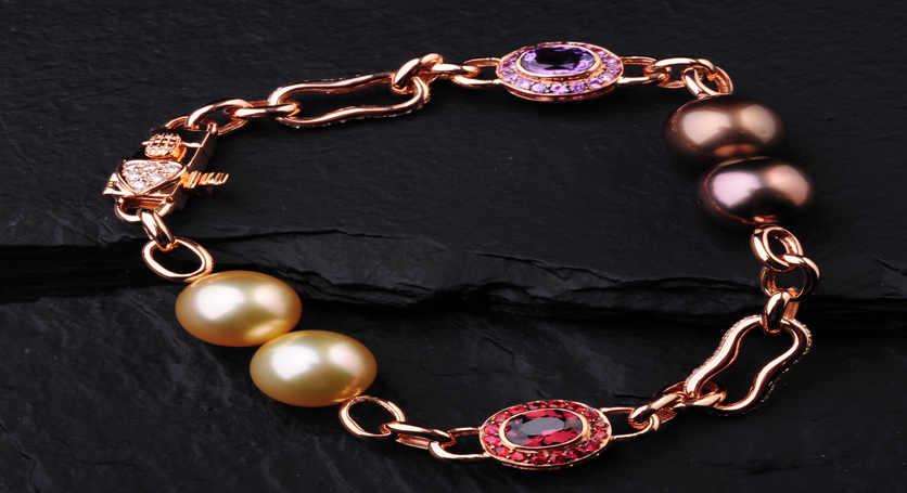 Pink Gold with Southsea Pearl, Amethyst, Pink Sapphire, Orange Sapphire, Spinel and Diamond Bracelet