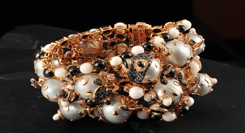 Pink Gold with Southsea Pearl, Chalcedony, Black Spinel, Black and White Diamond Bracelet