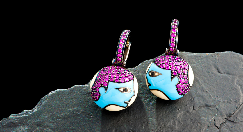 Enamel and Pink Sapphire Earring
