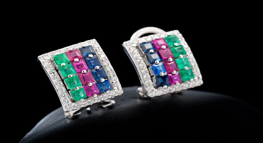 Silver with Ruby, Sapphire, Emerald and Zirconia Earring