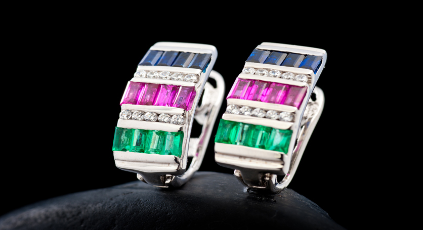 Silver with Ruby, Sapphire, Emerald and Zirconia Earring