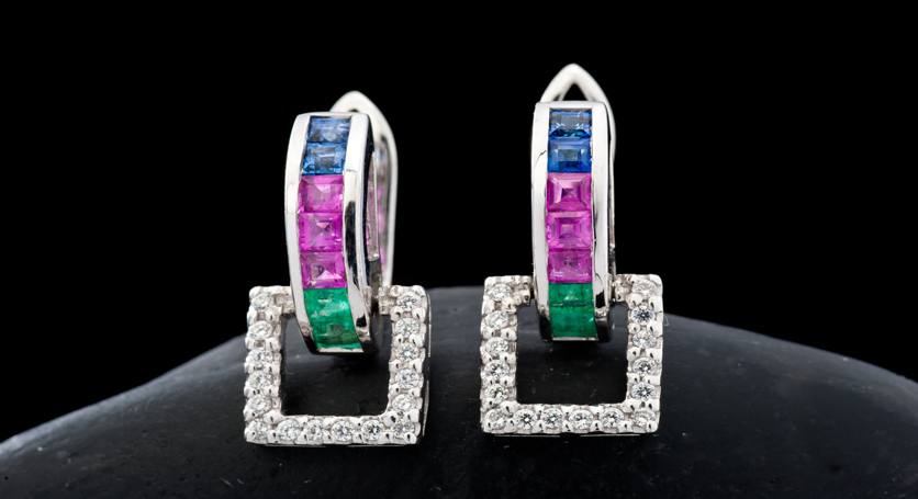 Silver with Ruby, Sapphire, Emerald and Zirconia Earring