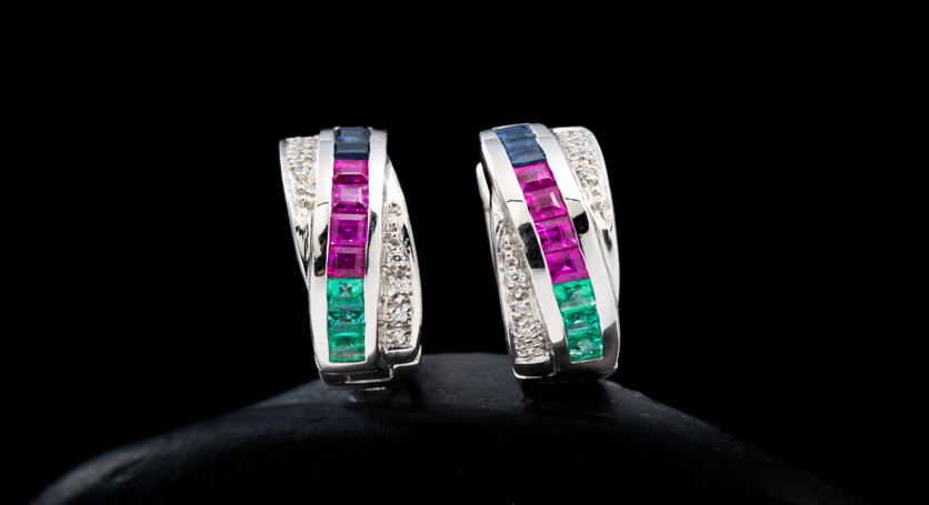 Silver with Ruby, Sapphire, Emerald and Zirconia Earring