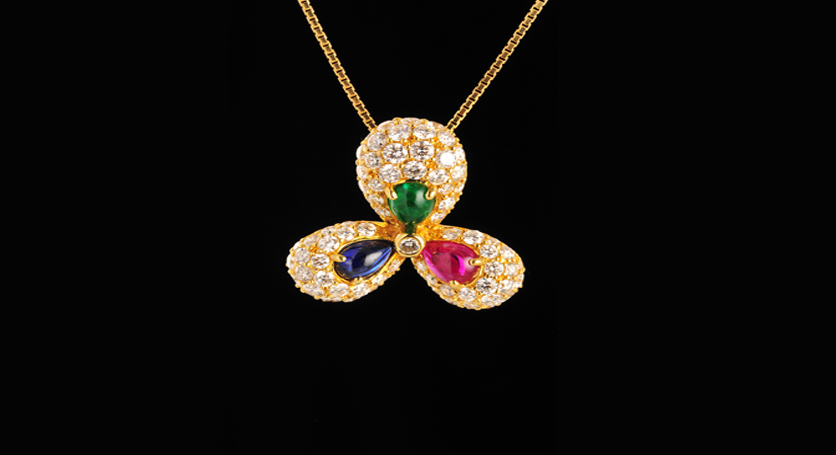 18K Yellow Gold with Sapphire, Ruby, Emerald and Diamond Pendant