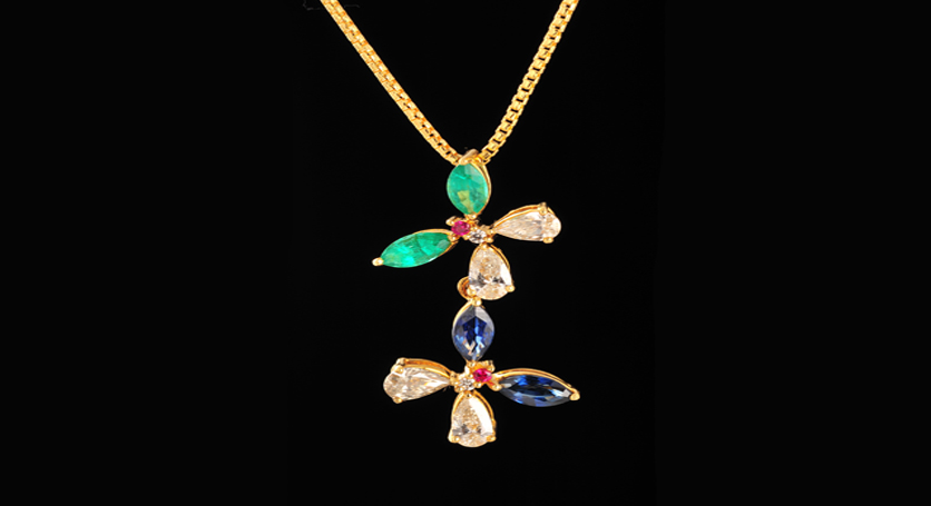 18K Yellow Gold with Sapphire, Ruby, Emerald and Diamond Pendant