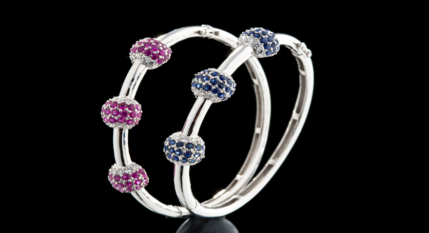 Silver with Ruby and Zirconia Bangle + Silver with Sapphire and Zirconia Bangle