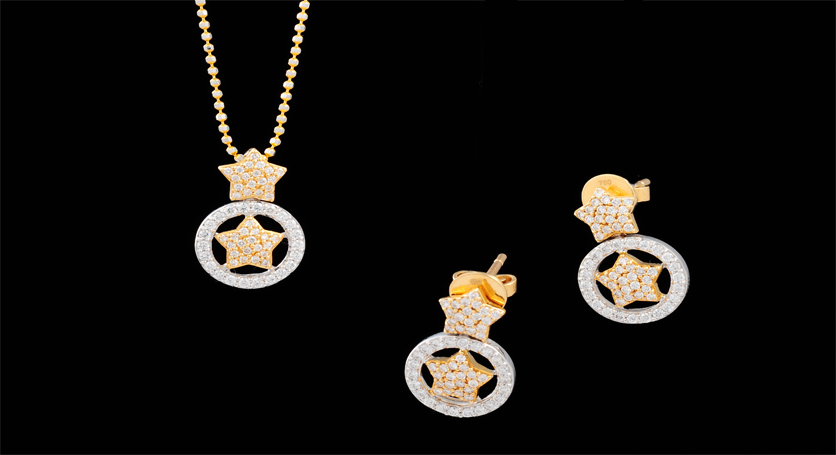 18K Yellow Gold with Diamond Pendant and Earring