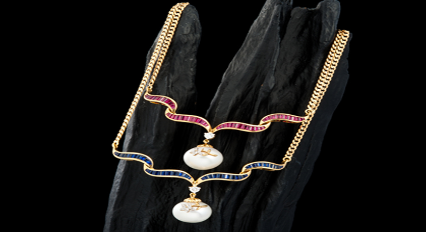 18K Yellow Gold with Southsea Pearl, Ruby, Diamond Necklace + 18K Yellow Gold with Southsea Pearl, Sapphire, Diamond Necklace