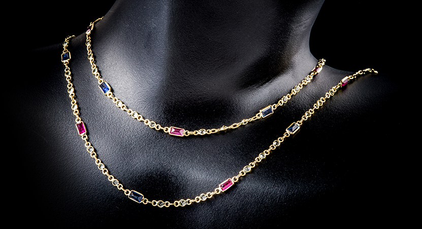18K Yellow Gold with Sapphire and Ruby Necklace