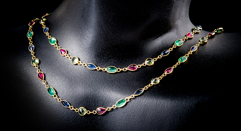 18K Yellow Gold with Sapphire, Ruby and Emerald Necklace